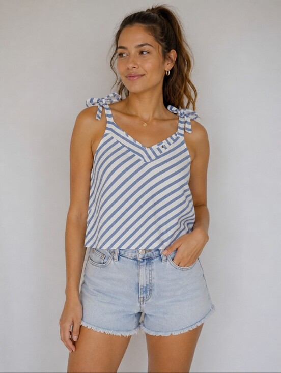 wildfire Tops - WILDFIRE BLUE & WHITE STRIPED TIE SHOULDER TANK TOP